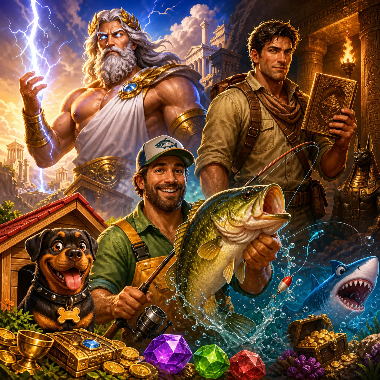 Illustration of vibrant slot game characters like a mythological god, adventurer, and playful dogs in a fantasy-themed enviro