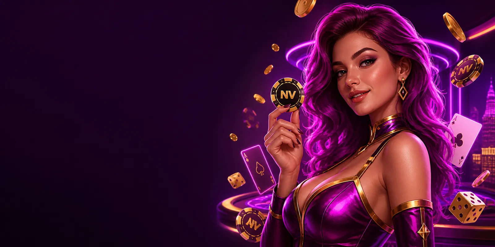 Stylized 3D CGI casino hostess with neon lighting, in a glossy outfit holding NV branded chip, set against a dark gradient.
